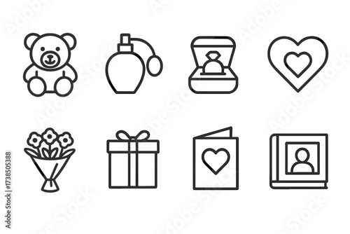 Romantic and Mystery Icons. Outline icon set of romantic gifts: teddy bear, perfume bottle, jewelry box, chocolate heart, flowers, wrapped present, greeting
