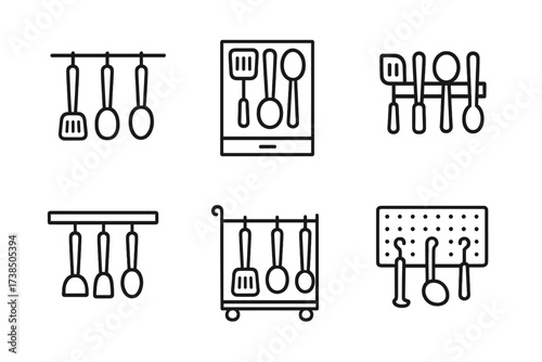 Pan Utensil Icons. Outline icon set of pan cooking utensils storage: hanging rack, drawer organizer, utensil holder, magnetic strip, shelf, kitchen cart,