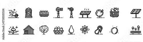 Flat Line Icon Set of Sustainable Agriculture, Renewable Energy, and Eco Farming. Farmhouse and Solar Panel.
