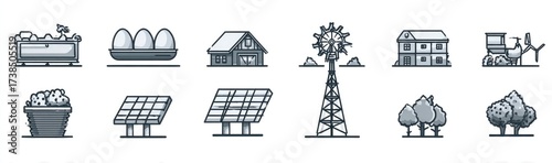 Flat Line Icon Set of Sustainable Agriculture, Renewable Energy, and Eco Farming. Farmhouse and Solar Panel.