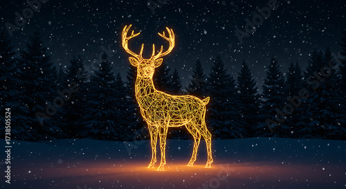 Glowing Deer in Snowy Landscape: A radiant deer made of golden lights stands majestically against a backdrop of a snow-covered landscape, creating a scene of warmth and wonder in the chilly night. 