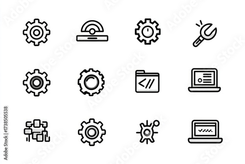 Vector Line Icon Set Showcasing Tools, Setting, Development, and Technology. Gear, Coding, and Wrench Symbols.