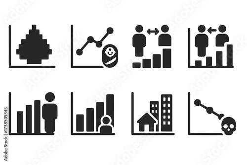 Demographic Graph Icons. Solid, filled icon set of population graphs: demographic chart, birth rate graph, migration chart, age distribution, urbanization