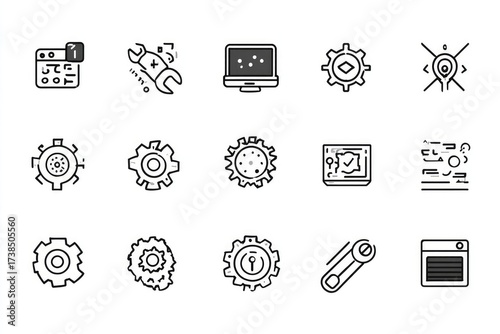 Vector Line Icon Set Showcasing Tools, Setting, Development, and Technology. Gear, Coding, and Wrench Symbols.