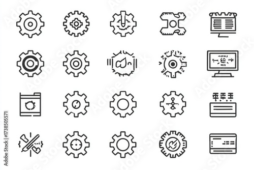 Vector Line Icon Set Showcasing Tools, Setting, Development, and Technology. Gear, Coding, and Wrench Symbols.