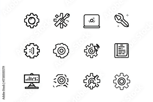 Vector Line Icon Set Showcasing Tools, Setting, Development, and Technology. Gear, Coding, and Wrench Symbols.