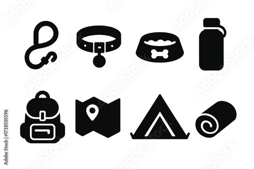 Pet Gear Icons. Solid, filled icon set of companion tools: leash, collar, food bowl, water bottle, backpack, map, tent, blanket. [Solid, filled icons in only
