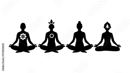 Four yoga silhouettes in lotus position with different symbols on their bodies in black and white