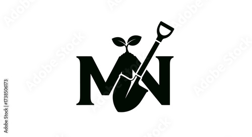 Creative MN initial logo design with seedling and shovel for agriculture concept minimalist