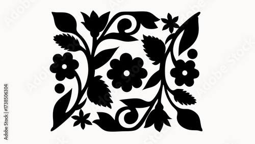 Black floral pattern with leaves and flowers in a square arrangement symmetrical design element vector art