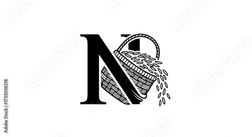 Elegant letter N logo design featuring a detailed basket overflowing with grains concept