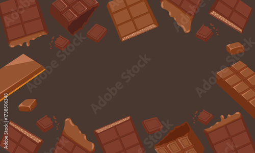 Chocolate horizontal banner frame with chocolate bars on dark background. Vector hand drawn cartoon illustration for packaging design, menu labels, flyers and invitations with blank copy space