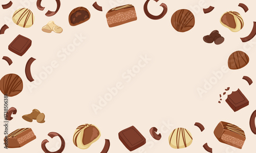 Sweet dessert horizontal banner frame with chocolate candies on beige background. Vector hand drawn cartoon illustration for packaging design, menu, flyers with blank copy space