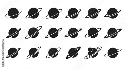 Collection of minimalist planet icons on white background featuring simple graphic planetary objects