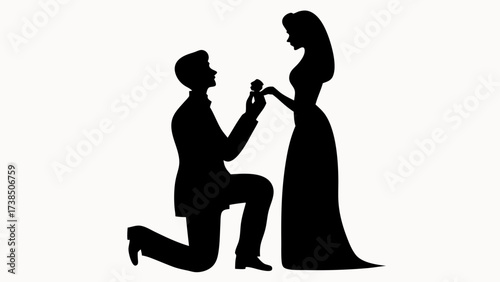 Silhouette of a man proposing to a woman with a ring in hand on a white background image shown here