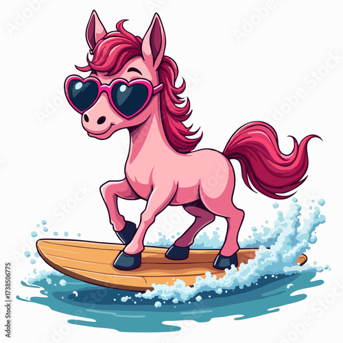 Vector drawing for children t-shirt. Pink baby horse in sunglasses on surfboard on sea wave isolated on white background. 2026 New Year symbol.
Cartoon design for fabric, paper, clothing. 