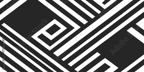 Seamless black and white striped geometric pattern presents a challenging maze for finding the path to success