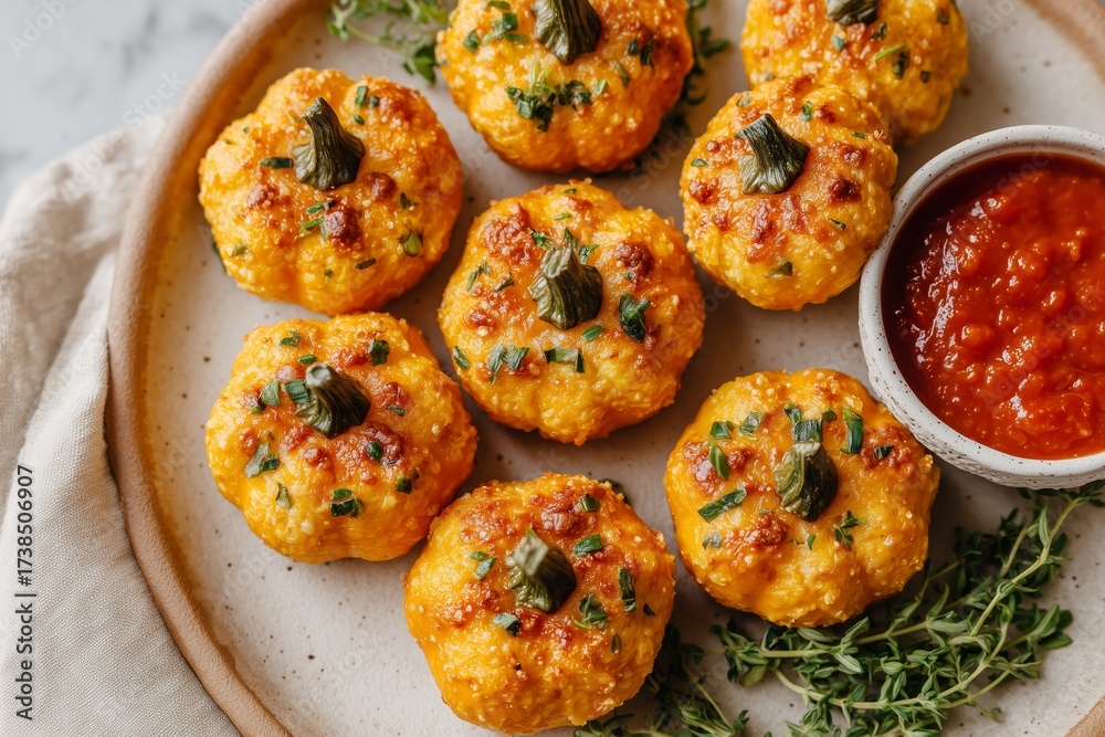 Fototapeta premium Mini pumpkin-shaped pizza bites arranged on a neutral plate, garnished with fresh herbs, served with a small bowl of marinara sauce for dipping, perfect for gatherings and celebrations