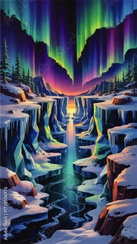 Stunning Northern Lights Over Snowy Canyon River – Vibrant Winter Landscape, Nature Art, Aurora Borealis, Colorful Night Sky