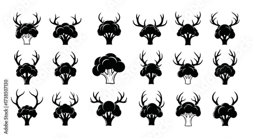 Abstract monochrome pattern featuring broccoli heads adorned with deer antlers silhouettes