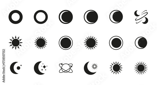 Collection of astronomical black and white icons representing solar and lunar phases vector