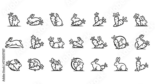 Adorable Bunny and Carrot Icons Collection: Perfect for Easter and Spring Designs with Simple Line
