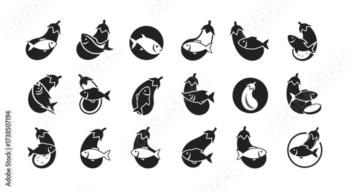 Collection of creative logo design concepts featuring eggplant and fish combinations black and