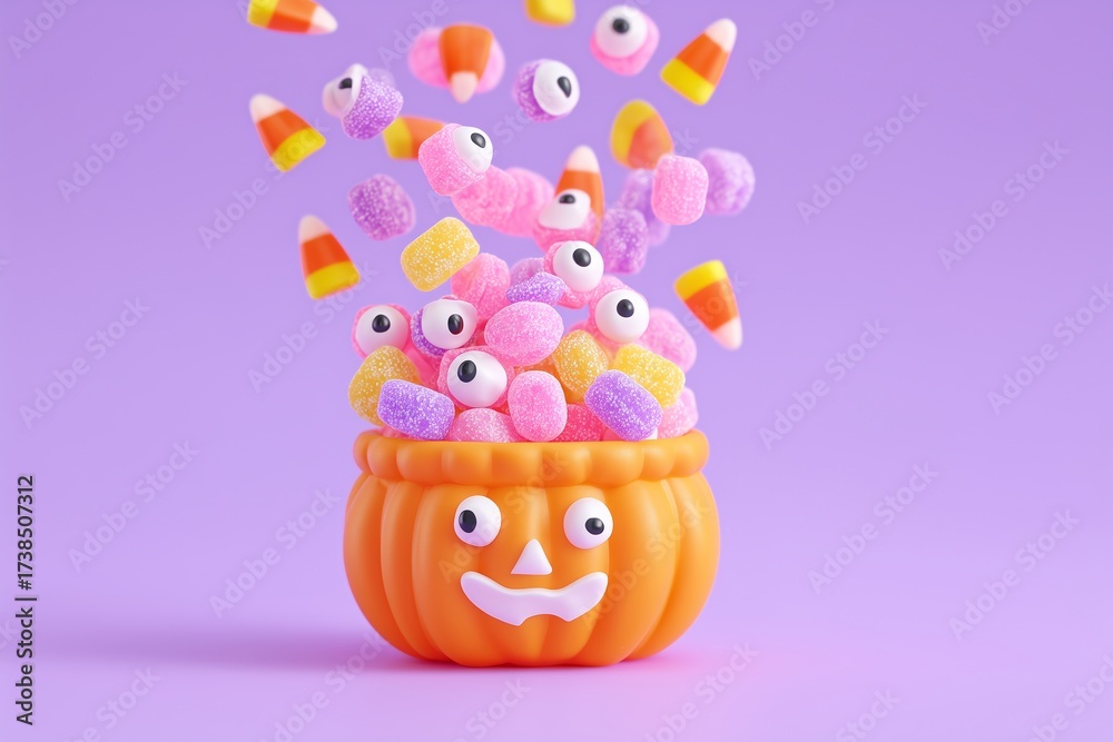 Obraz premium Colorful Halloween-themed gummy candies spilling from a playful pumpkin container, creating a festive atmosphere with vibrant hues and whimsical shapes for seasonal celebrations
