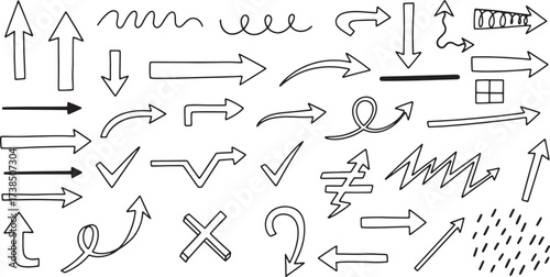 Hand Drawn Arrows and Line Elements Collection for Design, Sketch Style Directional Graphics and Dividers, Doodle Arrow Set