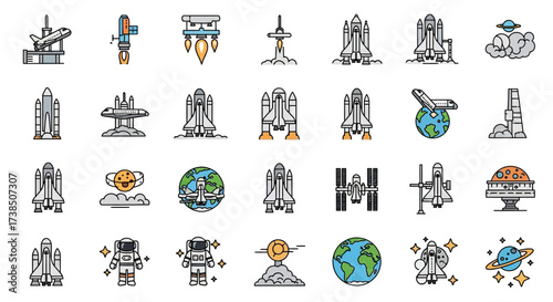 Collection of space exploration icons and astronautics, depicting various aspects of space travel