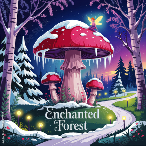 Magical Enchanted Forest with Fairy on Giant Mushroom, Snow-Covered Winter Landscape, Glowing Lights, Fantasy Illustration