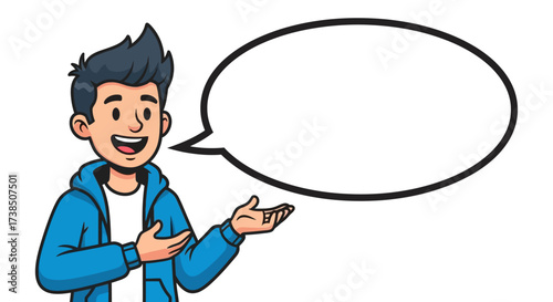 Cartoon character illustration of a young man with speech bubble for message and presentation