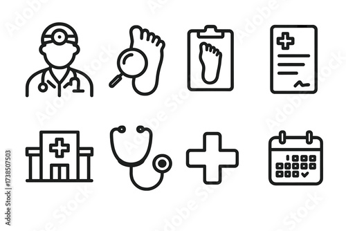 Podiatry Icon Set. Outline icon set of podiatry and health consultation: doctor, foot examination, medical chart, prescription, clinic building, stethoscope,