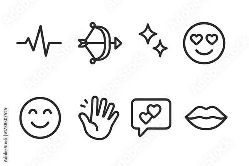 Love Icon Collection. Outline icon set of love signals: heartbeat line, cupid bow, sparkle stars, heart eyes, blushing smile, hand wave, speech bubble hearts,