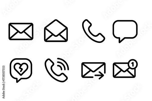 Outline Communication Icons. Outline icon set of longing communication: mail letter, open envelope, phone call, speech bubble, broken heart chat, distant call,