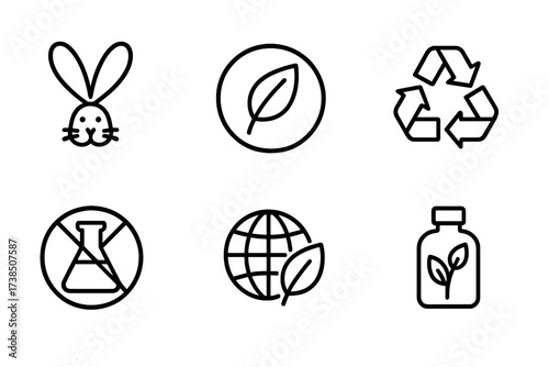 Clean Beauty Icons. Outline icon set of clean beauty certifications: cruelty-free logo, vegan badge, organic label, recyclable symbol, no parabens sign,