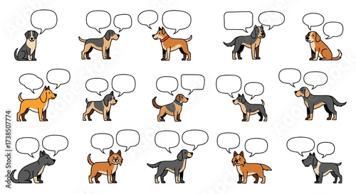 Playful cartoon dogs with speech bubbles on white backdrop ideal for creative projects