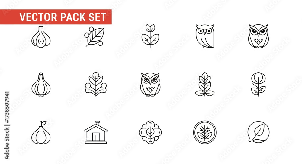 Fototapeta premium Diverse vector icon set featuring nature elements and animal outlines for creative designs