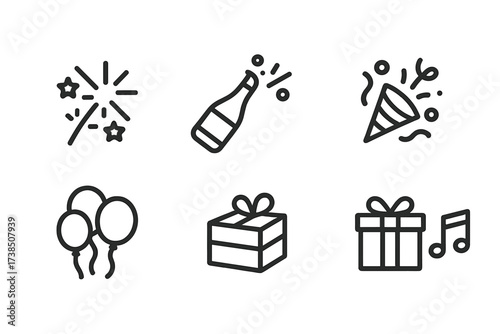 Celebration Icon Set. Outline icon set of celebration symbols: fireworks, champagne bottle, confetti, party popper, balloons, cake slice, gift box, music