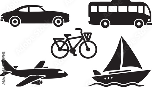 Transportation Icons Car, Bus, Bicycle, Airplane, Sailboat Silhouettes