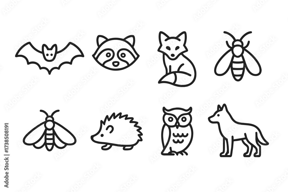 Fototapeta premium Nocturnal Animals Icon Set. Outline icon set of nocturnal animals: bat, raccoon, fox, firefly, moth, hedgehog, owl, wolf. [Line icons in only black color,