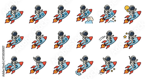Fun and Playful Cartoon Astronauts Riding Rockets Seamless Pattern Illustration Design
