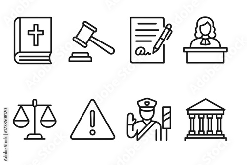 Cross-Border Legal Icons. Outline icon set of cross-border legal issues: law book, gavel, contract, judge?s bench, legal scales, warning sign, border patrol,