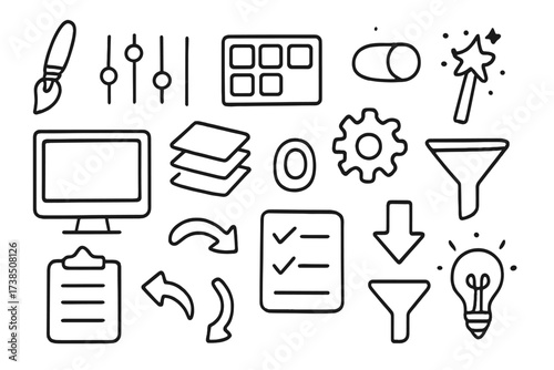 Creative Design Tools. Hand-drawn doodle illustration filter preset paintbrush, sliders, color palette, magic wand, computer screen, layers panel, toggle