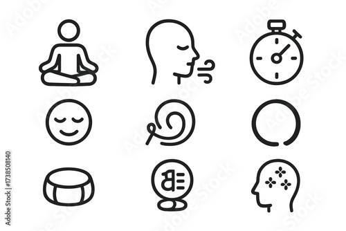 Meditation Icons Set. Outline icon set of discipline in meditation and mindfulness: lotus pose, breathing, calm face, timer, mantra, zen circle, meditation