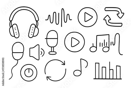 Audio Icon Doodle. Hand-drawn doodle illustration audio loop headphones, audio waves, repeat icon, microphone, speaker, play button, pause button, circle