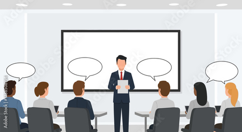 Presentation or business meeting with a man giving a speech in front of audience in a modern