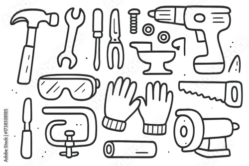 Tool Doodle Icons. Hand-drawn doodle illustration metal tools hammer, wrench, screwdriver, pliers, drill, saw, anvil, safety goggles, gloves, bolts, nuts,