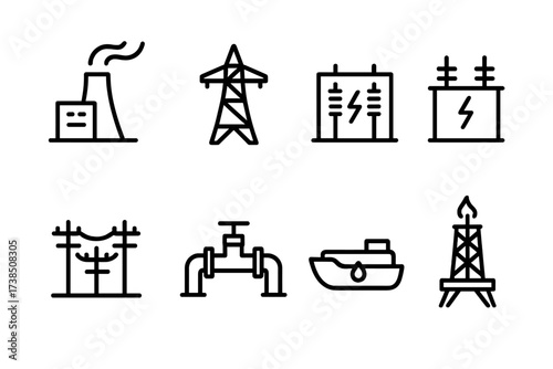 Energy Infrastructure Icons. Outline icon set of energy infrastructure: power plant, transmission tower, substation, transformer, electrical grid,