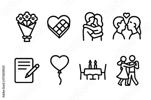 Romantic Gesture Icons. Outline icon set of romantic gestures: bouquet, chocolate box, embrace, kiss, handwritten note, balloon, candlelight dinner, dance.